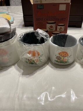 Sears Merry Mushrooms Mini Canister Set - White with Brown and Orange Accents